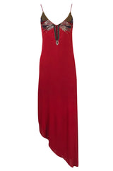 1970s Stephen Burrows Hand Beaded Red Jersey Halter Dress