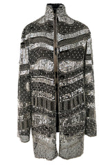 Sparkly Spring 1981 Halston Silver Sequin & Beaded Black Silk Chiffon Jacket