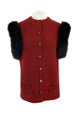 c1973 Yves Saint Laurent Deep Red Sleeveless Sweater Vest w Black Fox Trim & Pockets