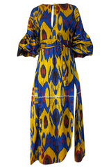 Recent Zazi Handmade Vintage Ikat Silk Blue & Gold Caftan Dress