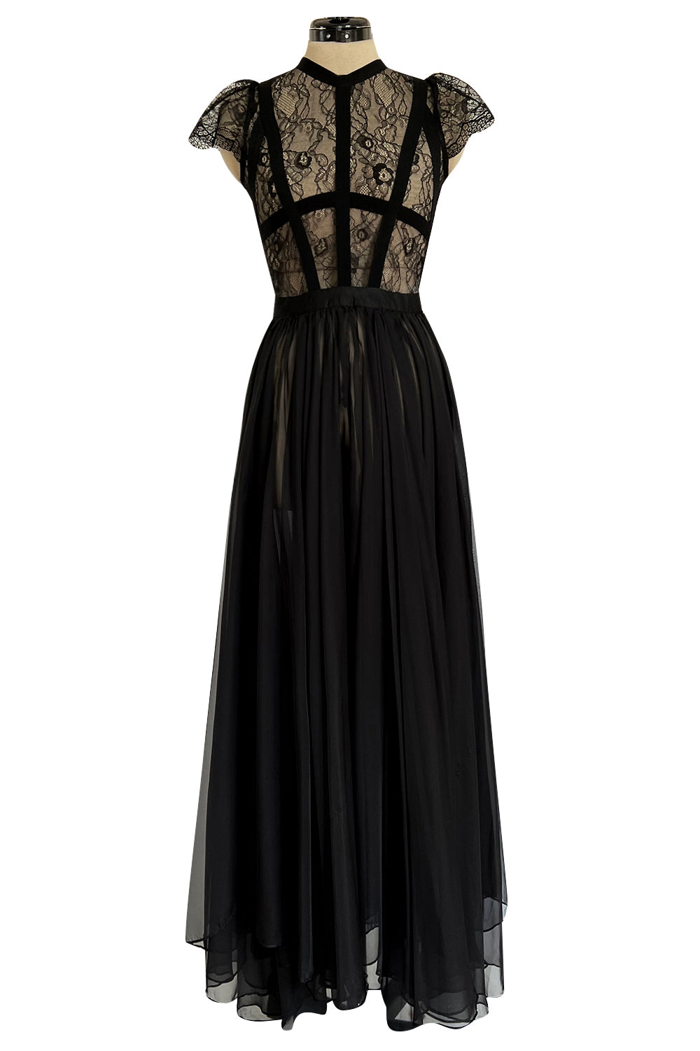 Gorgeous 2000s Valentino Roma Sheer Black Chiffon Banded Lace Bodice Dress