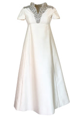 1960s Malcolm Starr Ivory Silk Dress w Rhinestone & Bead Adornments