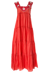 Fall 2019 Innika Choo Tiered Coral Cotton Full Length Embroidered Sun Dress