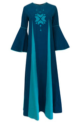 1960s Josefa Hand Embroidered Ocean Blue & Turquoise Bell Sleeve Caftan