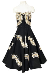 1950s Heavy Cotton / Canvas Strapless Dress w Hand Applied Cord Applique