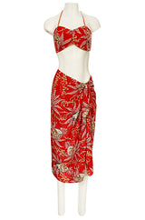 Rare 1930s 1940s Hawaiian Novelty Print Sarong & Halter Set w Fused Sequins