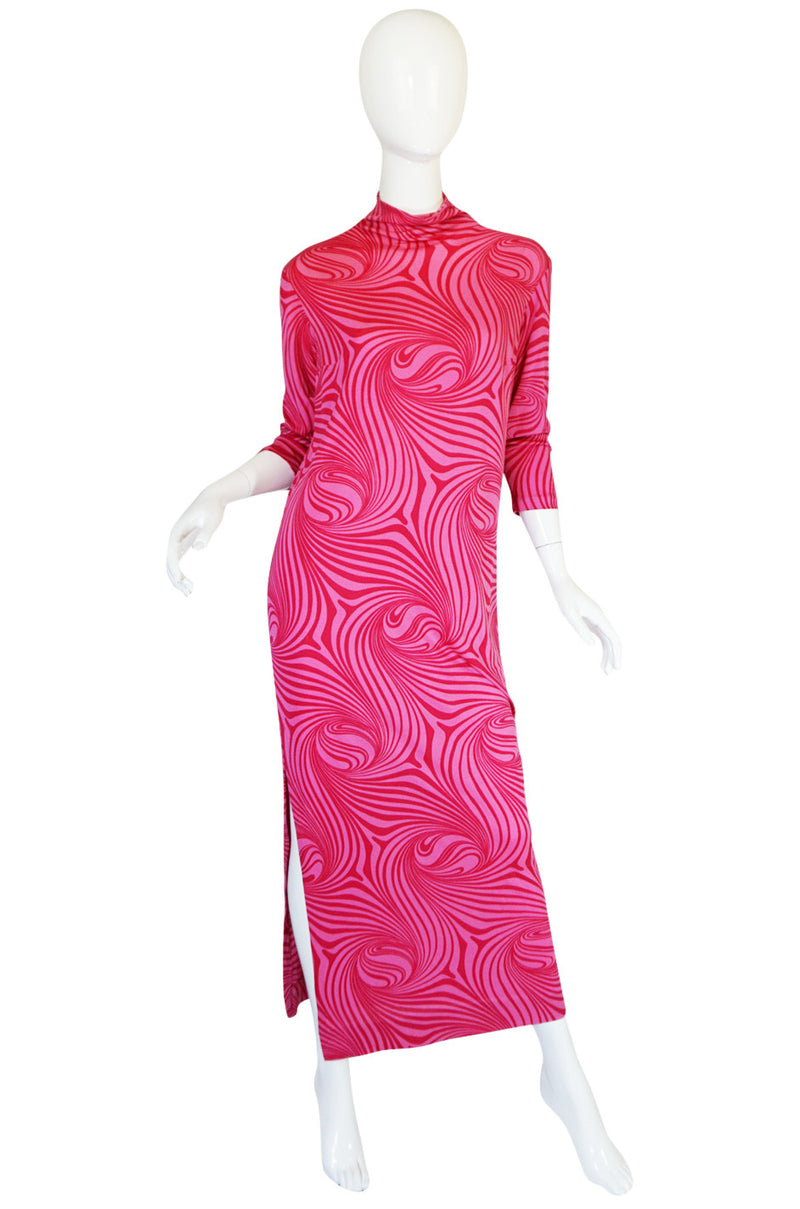 1970s Pink Print Silk Jersey La Mendola Maxi Dress