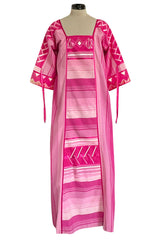 1960s Josefa Hand Made Mexico Pink Caftan Dress w Embroidery & Ribbon Details