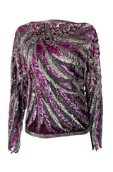 1984 Halston Deep Pink & Silver Densely Sequinned & Heavily Beaded Top w Wide Neckline