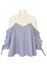 Recent Caroline Costas Blue & White Striped Pouf Sleeved Off Shoulder Top
