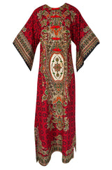 1960s Unlabeled Red Thai Print Cotton Caftan Dress w Frog Knot Detail