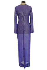 Incredible Late 1970s Halston Purple Transparent Silk Chiffon Dress w Iridescent Sequins