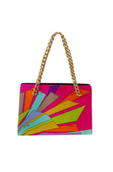 1960s Emilio Pucci Vivid Pink Multi Color Silk Evening Bag w Gold Chains