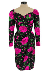 Prettiest 1980s Vicky Tiel Couture Hourglass Bright Pink Floral Print Silk Dress