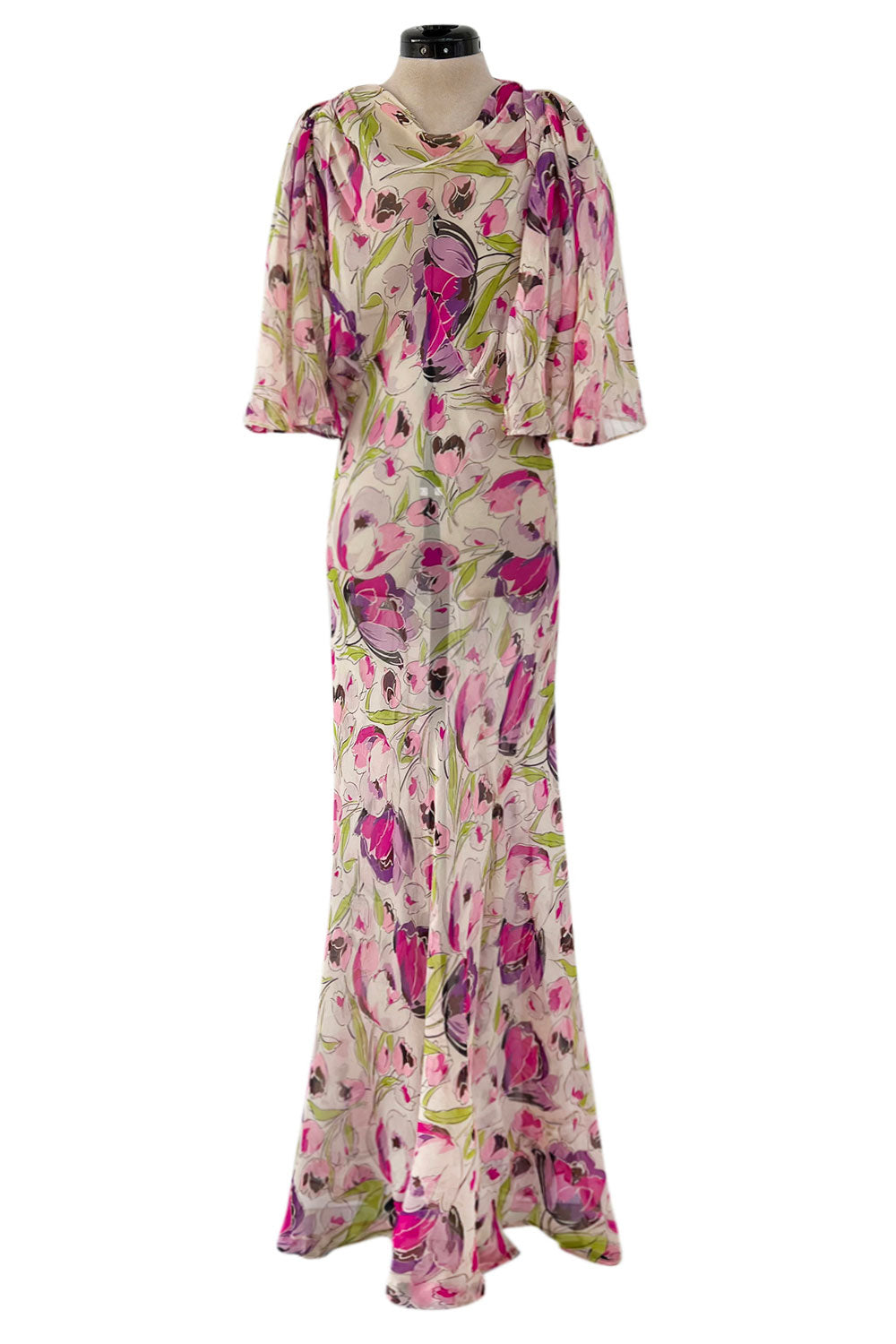 Spectacular 1930s Pink Tulip Printed Bias Cut Silk Chiffon Floral Prin –  Shrimpton Couture