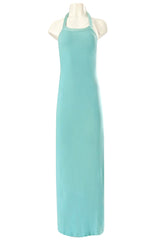 Important 1974 Halston Turquoise Cashmere Extremely Low Back Halter Dress