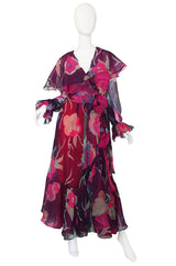 1970s Silk Chiffon & Floral Wrap Dress