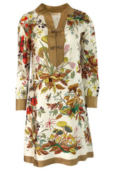 1970s Gucci Ad Campaign Flora Fauna Screen Printed Silk Shift Dress