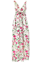 1950s Unlabeled Hand Painted Rose Print Light Satin Backless Halter Dress