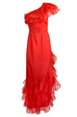 1980s Bellville Sassoon Ruffled Red Chiffon One Shoulder Dress