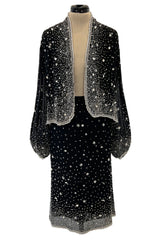 Gorgeous 1983 Halston Beaded Black Silk Chiffon Skirt & Jacket Set w Balloon Sleeves