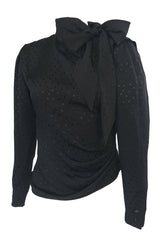 1980s Emanuel Ungaro Button Detailed Black Silk Dot Top w Tie Neck