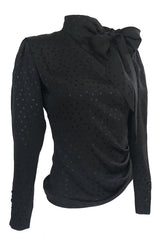 1980s Emanuel Ungaro Button Detailed Black Silk Dot Top w Tie Neck