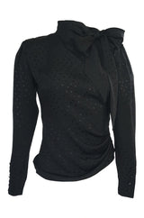 1980s Emanuel Ungaro Button Detailed Black Silk Dot Top w Tie Neck