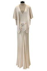 Beautiful 1930s Ivory Hammered Silk Satin Bias Cut Dress w Original Jacket & Belt
