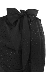 1980s Emanuel Ungaro Button Detailed Black Silk Dot Top w Tie Neck