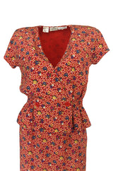 Gorgeous 1970s Valentino Floral Printed Red Silk Jacket and Skirt Suit Set