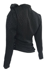 1980s Emanuel Ungaro Button Detailed Black Silk Dot Top w Tie Neck