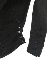 1980s Emanuel Ungaro Button Detailed Black Silk Dot Top w Tie Neck
