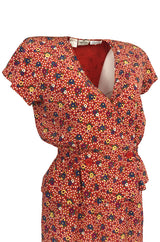 Gorgeous 1970s Valentino Floral Printed Red Silk Jacket and Skirt Suit Set