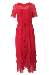 1970s Bill Blass Feather Light Red Ruffled Tiered Skirt Silk Chiffon Dress