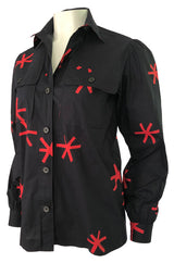 1970s Yves Saint Laurent Black and Red Print Cotton Top w Pockets