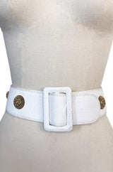 1970s Christian Dior White Belt w Gold Metal Medallions