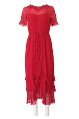 1970s Bill Blass Feather Light Red Ruffled Tiered Skirt Silk Chiffon Dress