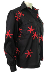 1970s Yves Saint Laurent Black and Red Print Cotton Top w Pockets