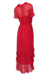 1970s Bill Blass Feather Light Red Ruffled Tiered Skirt Silk Chiffon Dress