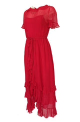 1970s Bill Blass Feather Light Red Ruffled Tiered Skirt Silk Chiffon Dress