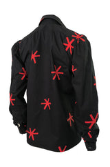 1970s Yves Saint Laurent Black and Red Print Cotton Top w Pockets