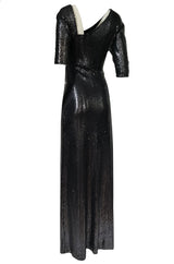 Iconic 1976 Halston Glossy Gunmetal Black Sequin Asymmetrical Full Length Dress