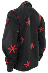 1970s Yves Saint Laurent Black and Red Print Cotton Top w Pockets