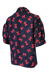 1970s Chloe Butterfly Bow Print Navy & Red Silk Top w Tie