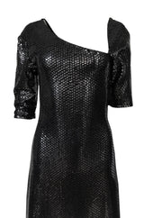 Iconic 1976 Halston Glossy Gunmetal Black Sequin Asymmetrical Full Length Dress
