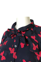 1970s Chloe Butterfly Bow Print Navy & Red Silk Top w Tie