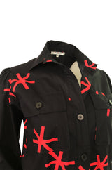 1970s Yves Saint Laurent Black and Red Print Cotton Top w Pockets