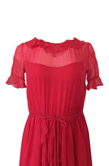 1970s Bill Blass Feather Light Red Ruffled Tiered Skirt Silk Chiffon Dress