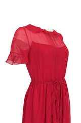 1970s Bill Blass Feather Light Red Ruffled Tiered Skirt Silk Chiffon Dress